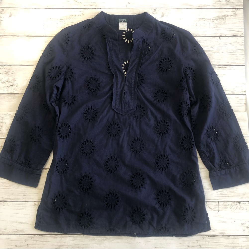 J.CREW Women’s Navy Blue 3/4 Sleeve Eyelet Tunic Size XS